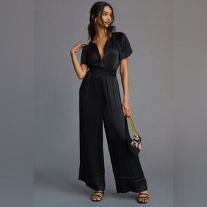 NWOT Anthropologie Somerset Black Satin Wide-Leg Jumpsuit